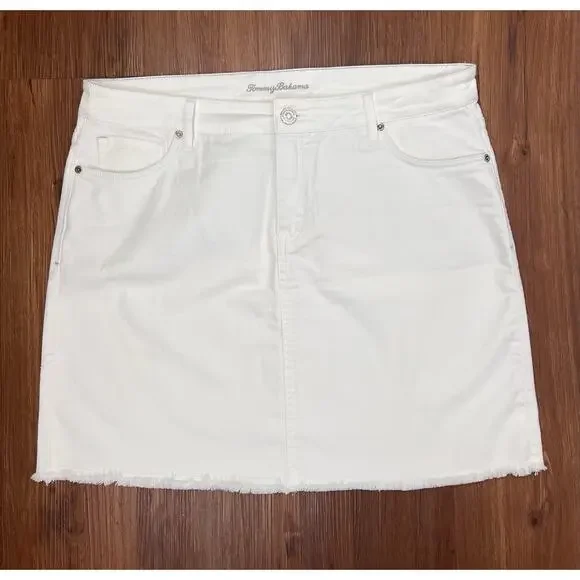Tommy Bahama White Denim Skirt Raw Hem Stretch Casual Summer Size 14 - Picture 2 of 10